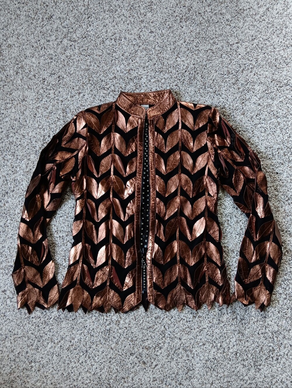 VTG Rare Unique Copper Metallic Leaf Patterned Leather Rhinestone Jacket Small